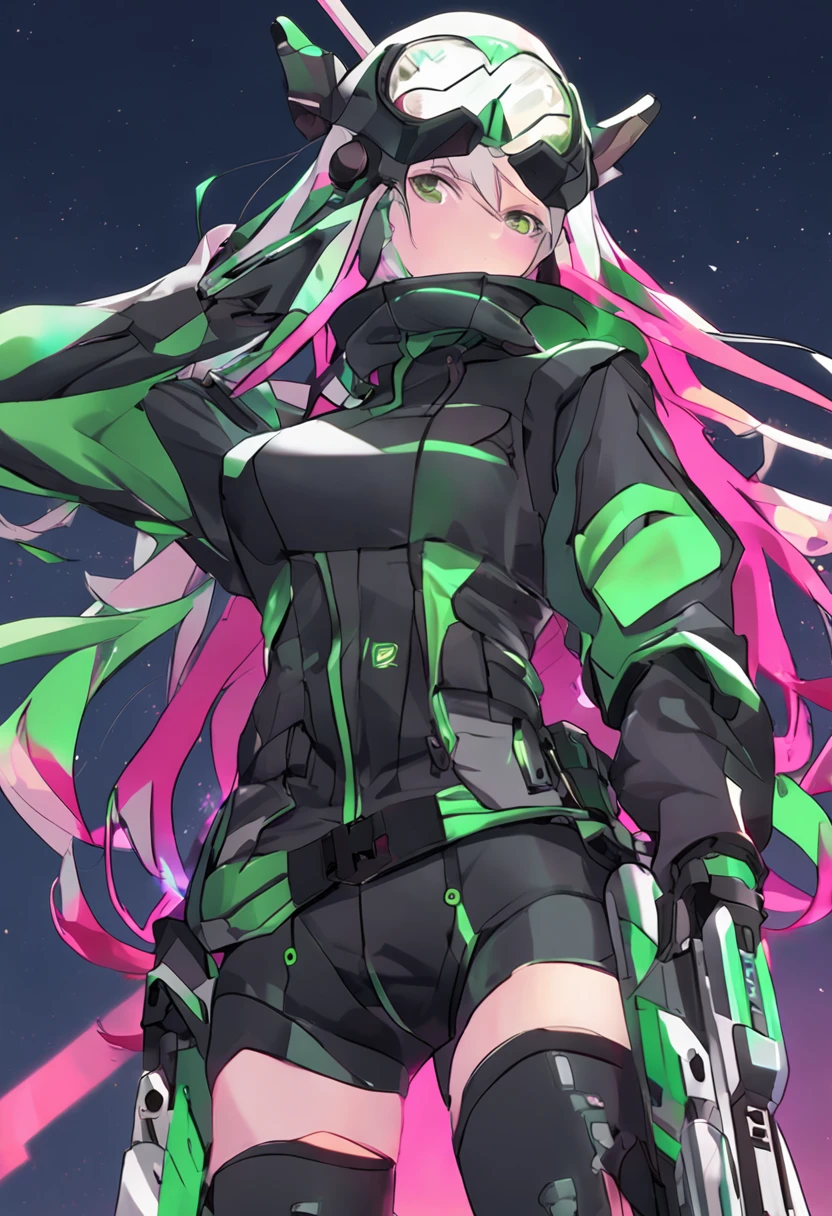 assault rifle、Long sideburns、Beautiful anime style girl all over, clean detailed faces, Cyber,analogous colors, Glowing shadow, beautiful gradation, Depth of field, Clean image, High quality,Black hoodie outfit、 High detail, High definition, Blush, coalescence, beleza celestial, Very detailed, Soft lighting, full bodyesbian,Green&Black hair,Green eyes、busty body,tightsuit,Charming