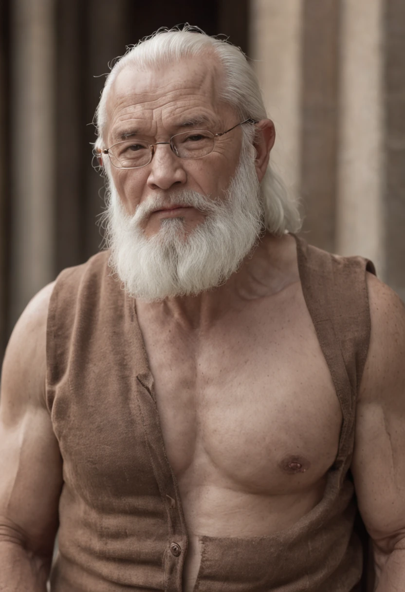 a old man,Big chest,wearing an outfit,muscle men, Man ,Wear half-moon glasses,Realiy,Full body photo