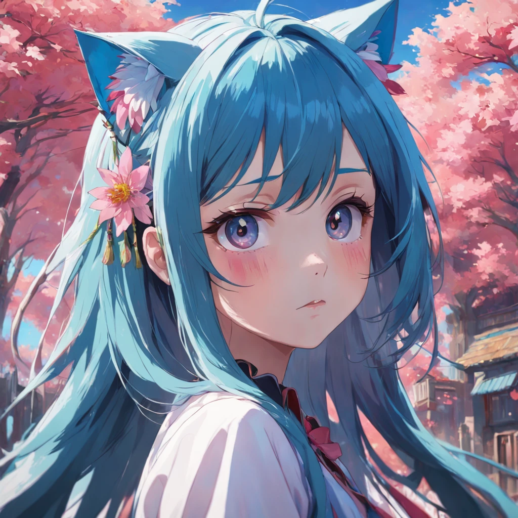 Jay has very long hair, flowers in head, Cat ears, Bright pupils, Blush, (Monet:1), anaglyph, Fuji colors, outside border, Dutch angle, hyper HD, Masterpiece, ccurate, Textured skin, 4K, Best quality, A high resolution, High quality, hyper HD, Masterpiece, Textured skin, A high resolution, Best quality, High quality, 4K，exquisite facial features