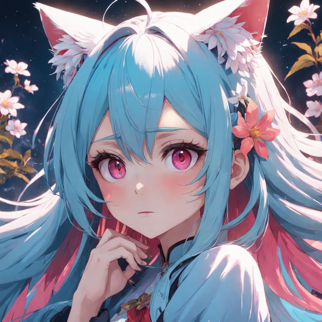 Jay has very long hair, flowers in head, Cat ears, Bright pupils, Blush, (Monet:1), anaglyph, Fuji colors, outside border, Dutch angle, hyper HD, Masterpiece, ccurate, Textured skin, 4K, Best quality, A high resolution, High quality, hyper HD, Masterpiece, Textured skin, A high resolution, Best quality, High quality, 4K,exquisite facial features