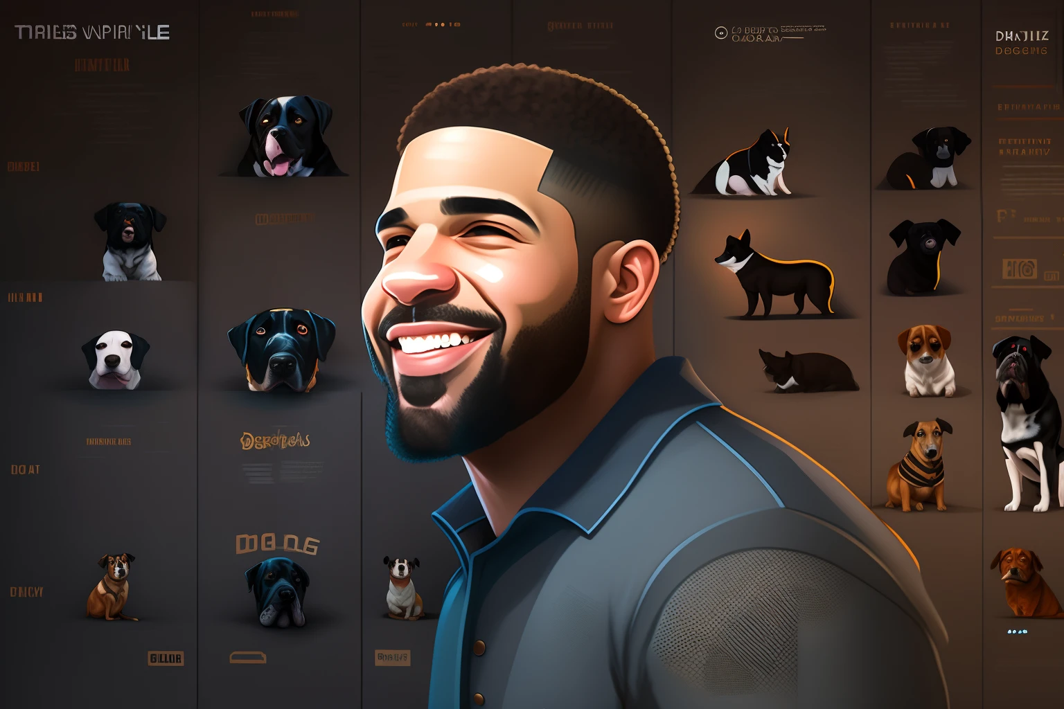 arafed man in front of a wall of dogs with a smile, drake, drake's face, photograph of drake the rapper, drake the rapper's face, detailed digital illustration, in style of digital illustration, detailed portrait, detailed character portrait, stylized digital illustration, cartoon style illustration, digital illustration -, digital illustration portrait, detailed illustration portrait, detailed digital artwork