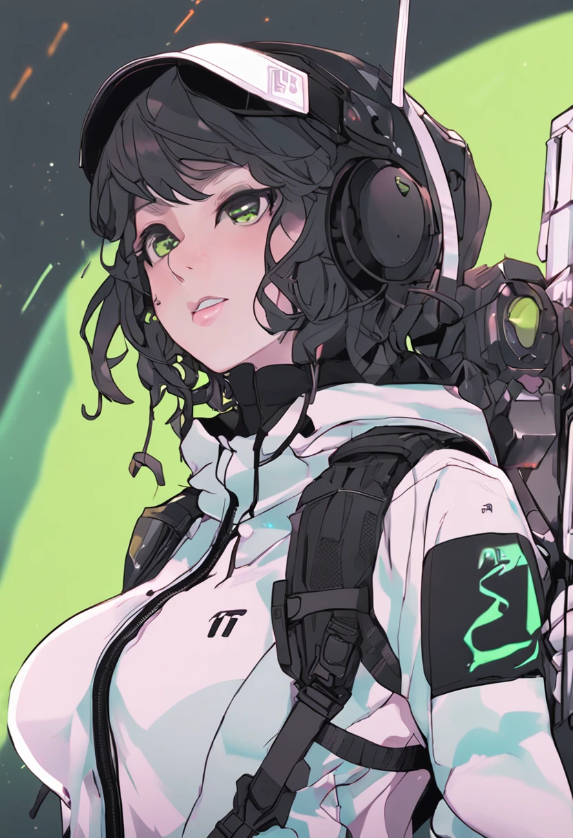 assault rifle、Long sideburns、Beautiful anime style girl all over, clean detailed faces, Cyber,analogous colors, Glowing shadow, beautiful gradation, Depth of field, Clean image, High quality,Black hoodie outfit、 High detail, High definition, Blush, coalescence, beleza celestial, Very detailed, Soft lighting, full bodyesbian,Green&Black hair,Green eyes、busty body,tightsuit,Charming