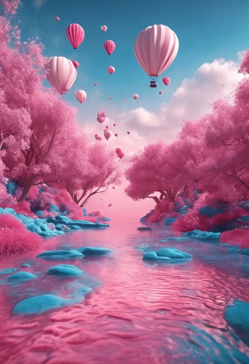Creative poster 3D effect Blue sky and white clouds Dream effect Pink color of the picture Playground in the distance No characters
