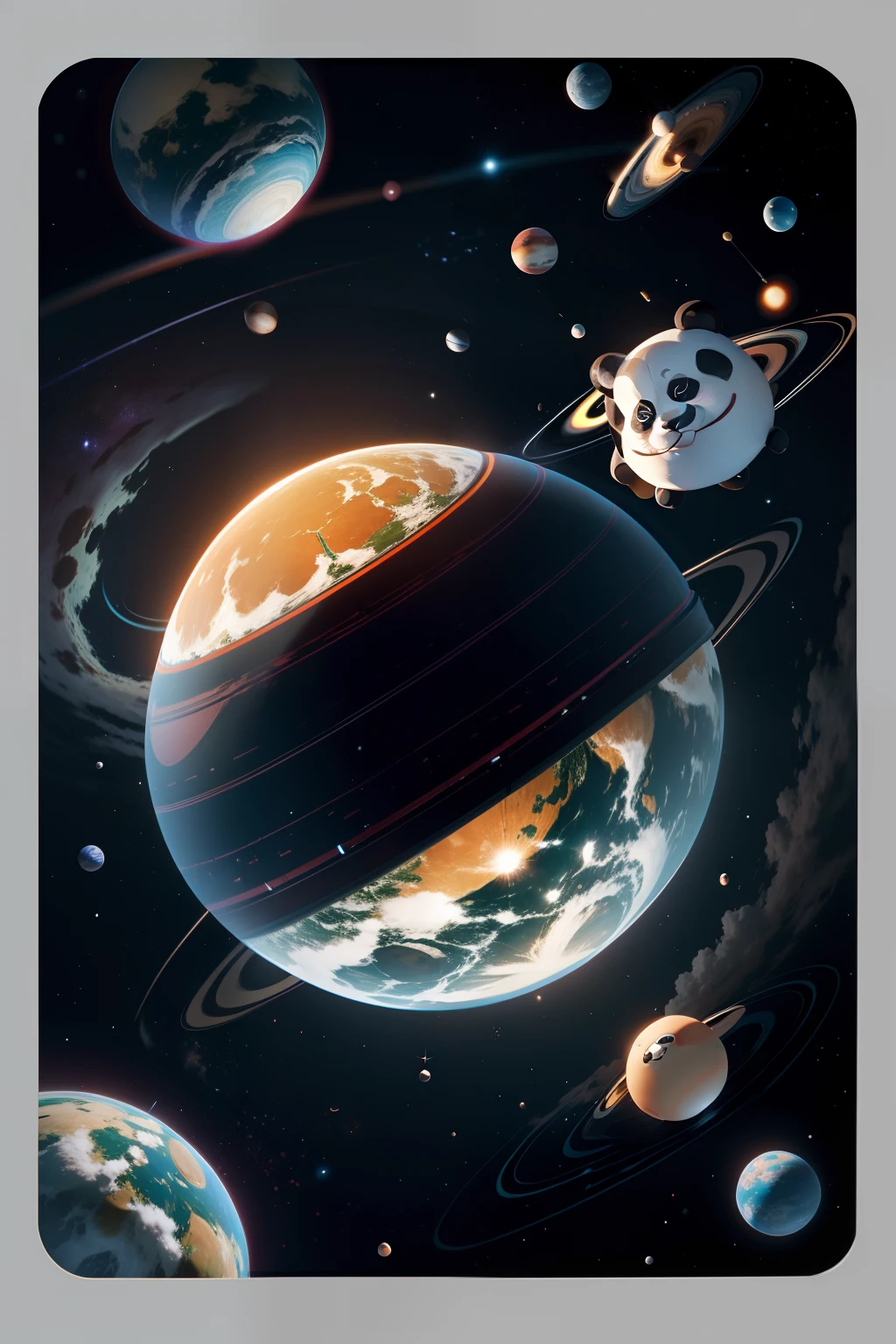 Planet-shaped spherical panda,A band of planets around it