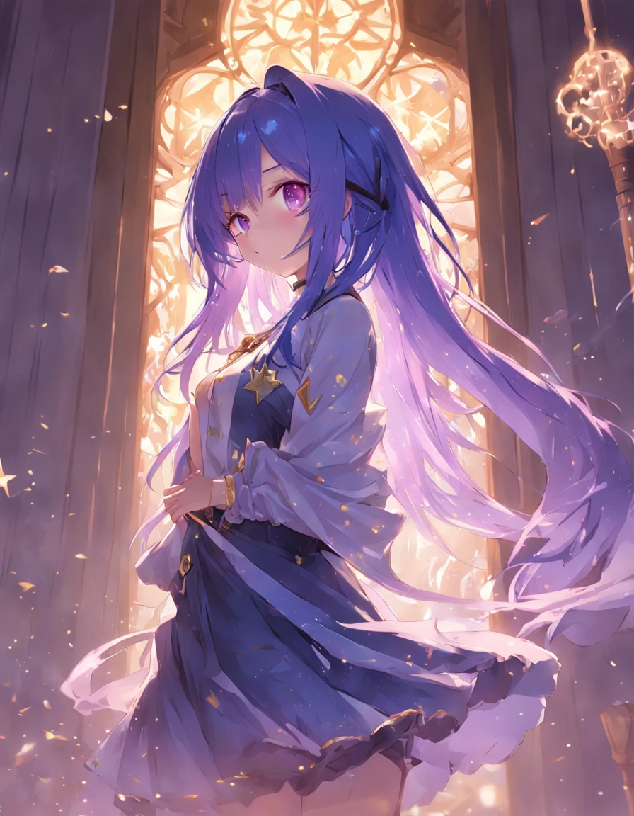 A girl with long purple gradient blue hair stands in front of the window,hands behind body,Smile at the camera,Golden eyes shining with starlight,Guweiz in Pixiv ArtStation, trending on artstation pixiv, style of anime4 K, Guweiz on ArtStation Pixiv, zerochan art, Anime fantasy illustration, Girl in a skirt, pixiv contest winner, Digital art on Pixiv,haughty,Exquisite aristocratic attire