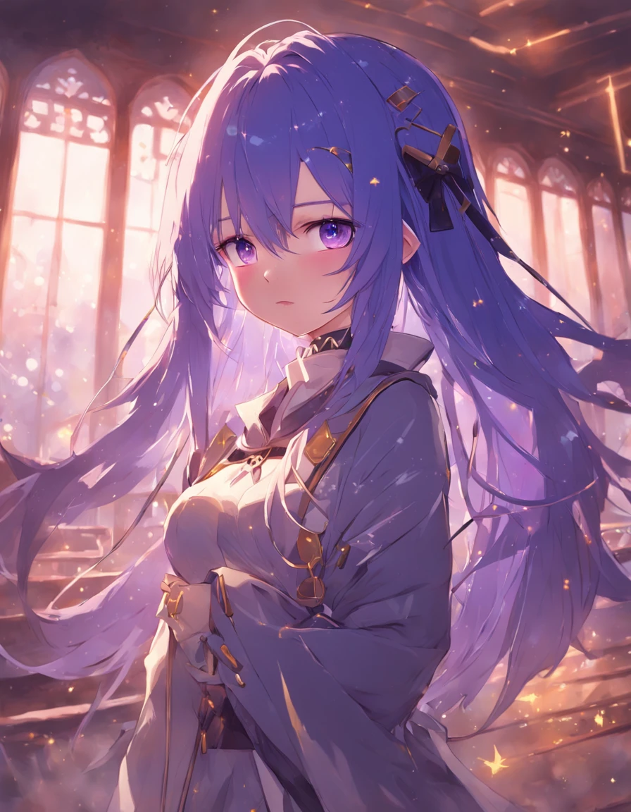 A girl with long purple gradient blue hair stands in front of the window，hands behind body，Smile at the camera，Golden eyes shining with starlight，Guweiz in Pixiv ArtStation, trending on artstation pixiv, style of anime4 K, Guweiz on ArtStation Pixiv, zerochan art, Anime fantasy illustration, Girl in a skirt, pixiv contest winner, Digital art on Pixiv，haughty，Exquisite aristocratic attire