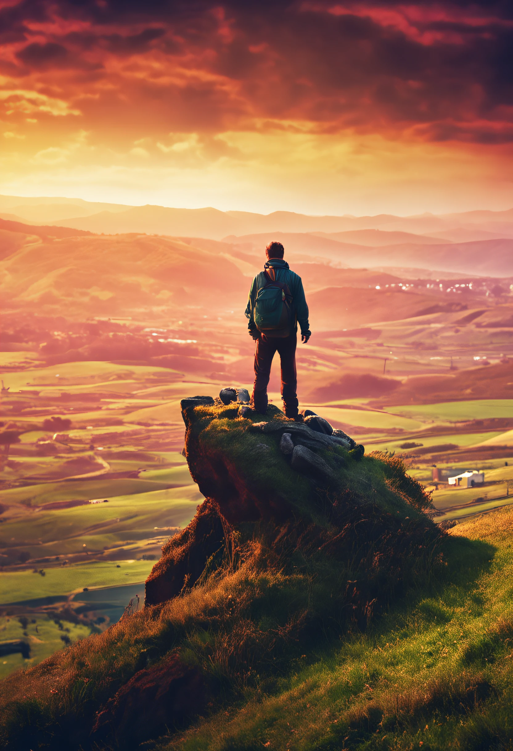 Lonely man standing on top of a hilltop covered with grass，Finally reached the light he was seeking