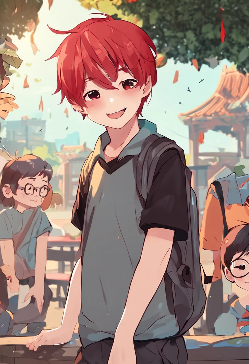 boy red hair china school playground background handsome black short sleeves smile early morning sun