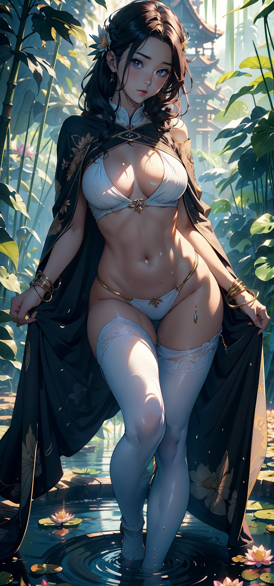 1female，25 age old，Slim，Large breasts，long leges，Big breasts Thin waist，Pornographic exposure， 独奏，（Background with：bamboo forrest，lotus flower，lotuses，Stand in a sea of flowers，in summer） She has long purple hair，standing on your feet，Sweat profusely，drenched all over the body，seen from the front， curlies， mostly cloudy sky，（（（tmasterpiece），（Very detailed CG unity 8K wallpaper），best qualtiy，cinmatic lighting，detailed back ground，beatiful detailed eyes，Bright pupils，（Very fine and beautiful），（Beautiful and detailed eye description），ultra - detailed，tmasterpiece，）），facing at camera，A high resolution，ultra - detailed），revealing breasts，Bare genitalia， Bulge，Camel toes，Raised sexy，Flushed complexion，Open-mouthed，frontage，The brave（Wearing：Loose white shirt，Black leggings，Gold wire embroidery，Cloak）nakeness，The upper part of the body