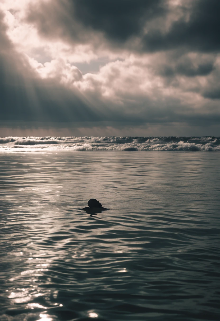 A lone swimmer glides through the tranquil ocean, The sun's rays are reflected on the choppy waves.