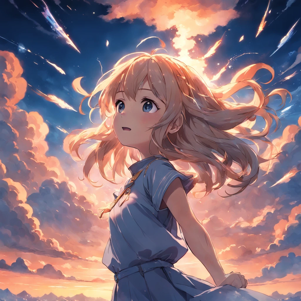 masterpiece, best quality, movie still, 1girl, cloud girl, floating in the sky, close-up, bright, happy, warm soft lighting, sunset, (sparks:0.7)