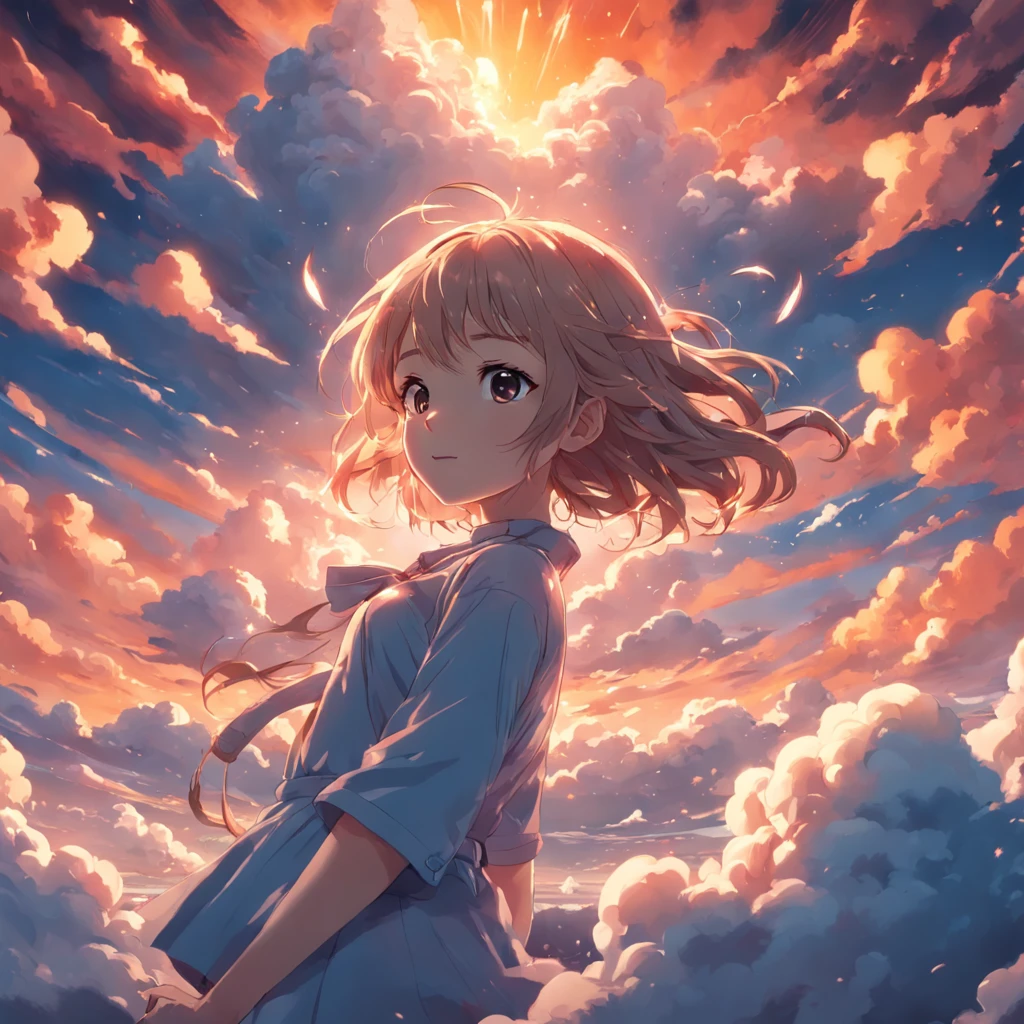 masterpiece, best quality, movie still, 1girl, cloud girl, floating in the sky, close-up, bright, happy, warm soft lighting, sunset, (sparks:0.7)