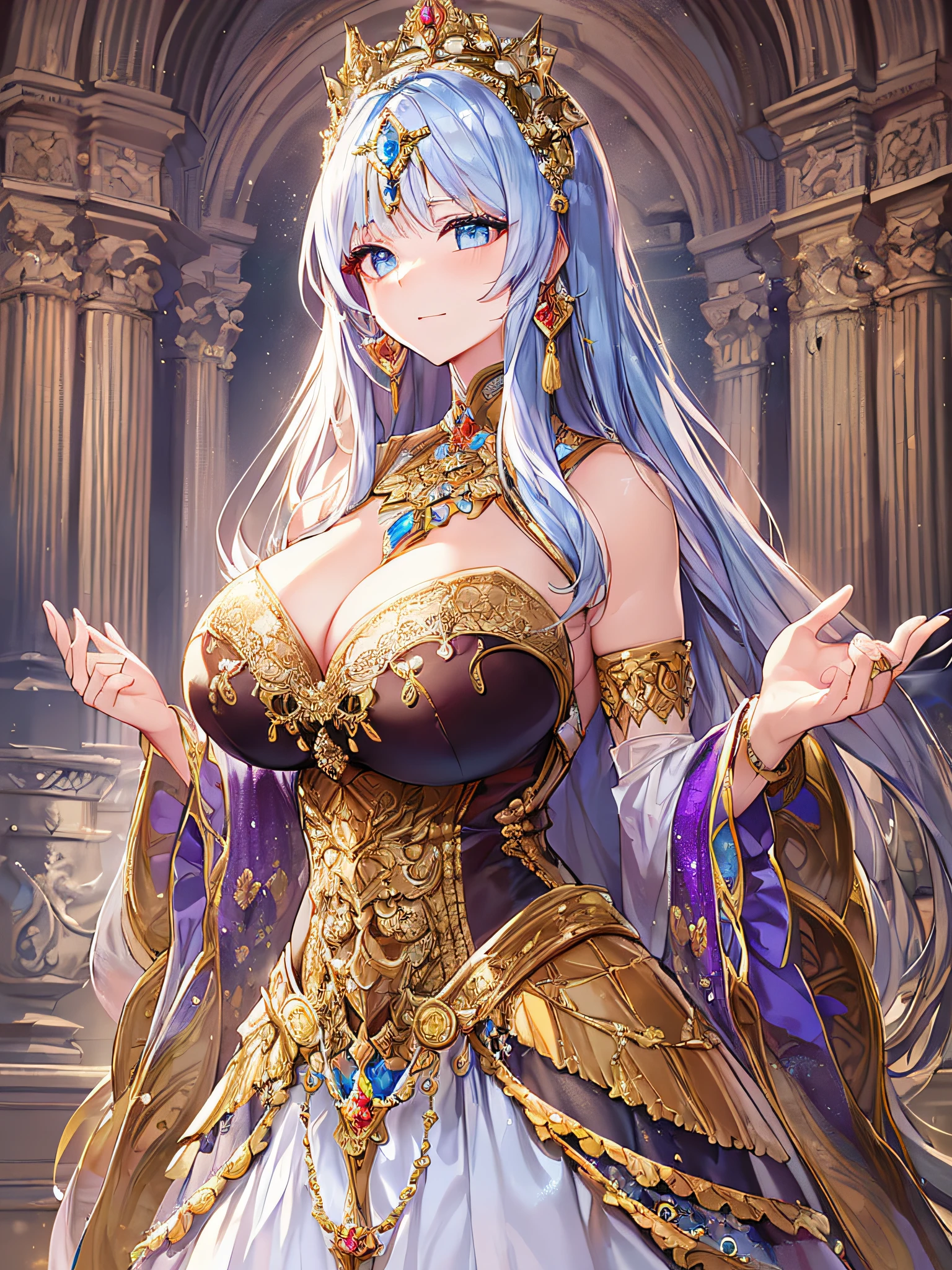 (anime artstyle),((Masterpiece,Best Quality,Super Detail,Very Delicate and Beautiful)),Solo,((full body,standing picture)),standing in the sacred cathedral,((Sacred atmosphere)),((1 divine High Priestess in beautiful embroidery and jeweled gorgeous rococo ballgown dress with voluminous full length hoop skirt)),(crinoline:1.2),gorgeousfull embroidery,(gorgeous gemstone jewelry),(detailed face and eyes),jewel-like eyes,faint smile,((large amount of straight hair,extremely Long voluminous Hair)),((gigantic tits,Long tits,skindentation)),gorgeousfull embroidery,cleavage,extremely gorgeousfull hair ornament,(bling-bling extremely gorgeousfull jeweled tiara),gorgeous corsage,Stained glass,(Dynamic Angle),Looking at viewer,((full body)),((beautiful embroidery and jeweled divine and gorgeous rococo ballgown dress with voluminous full length hoop skirt))