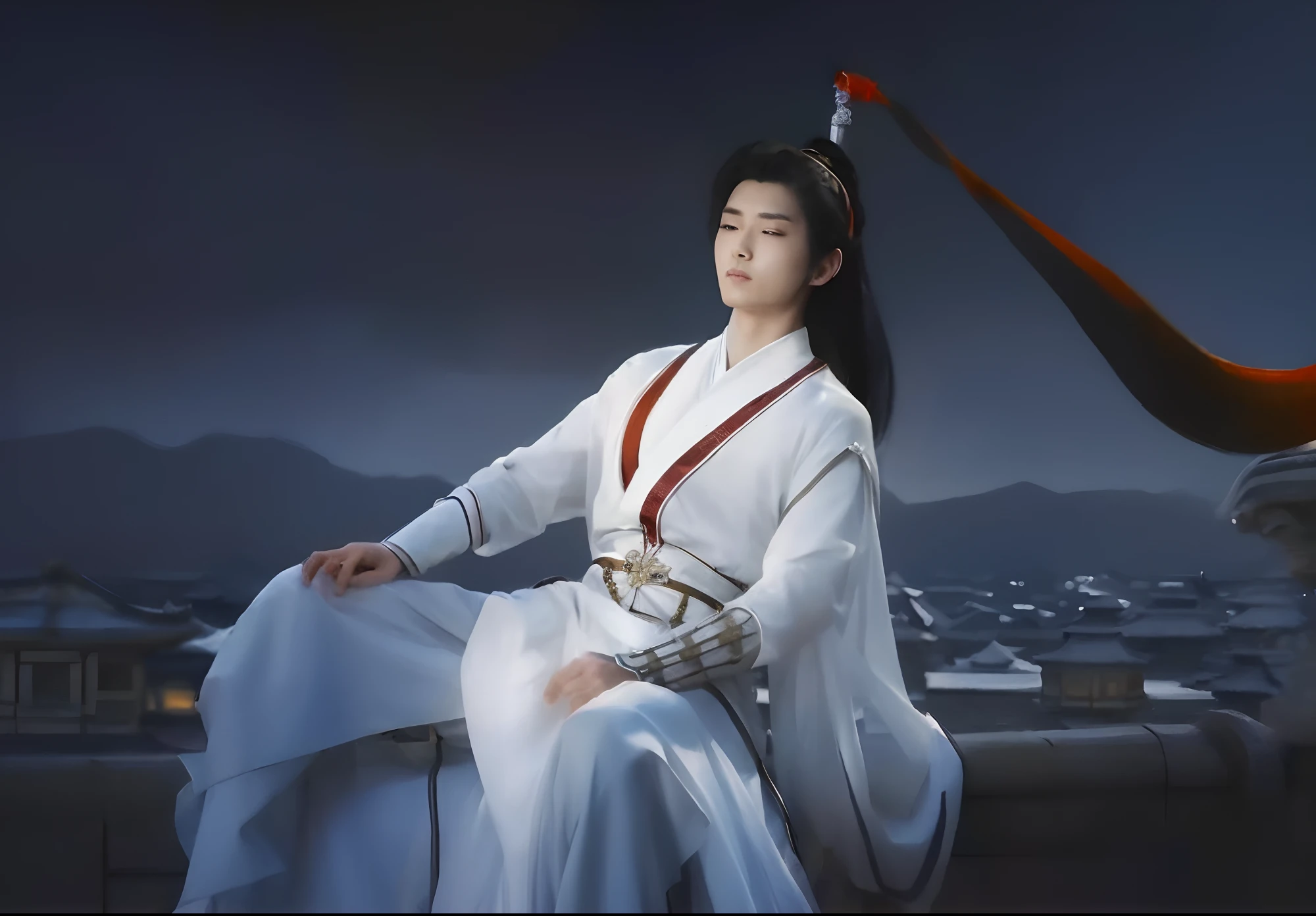 The male protagonist of a Chinese fairy tale drama in a white dress,sitting on rooftop，With his back against the fairy sword,A flowing red ribbon was tied to the hilt of the sword,, xianxia hero, Inspired by Zhao Yuan, White Hanfu, zhao yun, Inspired by Seki Dosheng, Beautiful character painting, Inspired by Cao Zhibai, inspired by Zhu Derun, queen of the sea mu yanling, Cheng Yi,Nice and handsome little brother,Clear facial features and delicate face,k hd