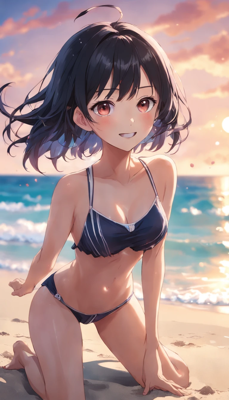(full body shot of:1.4) 比基尼,Lying position,Beach by the sea,with short black hair,Slender figure,perfectly proportions,Smile,lollipop, Bokeh,Someone playing beach volleyball in the background,high qulity