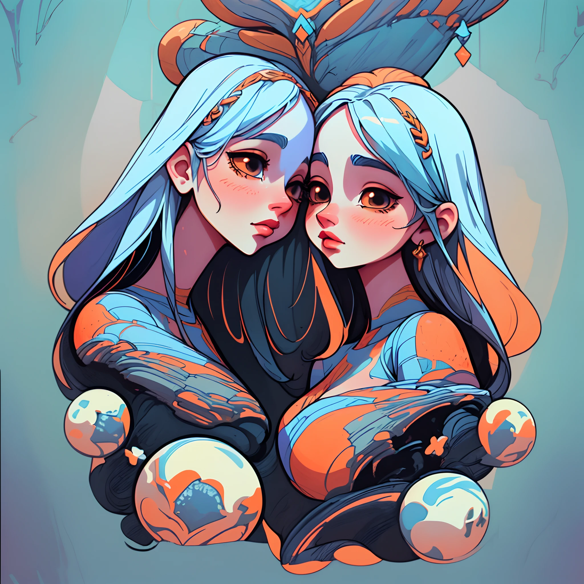 adesivo, fundo simples, portrait, 2 girls, couple, kissing, girl with long hair, beautiful goddess girl, goddess aesthetic, beautiful girl, very beautiful fantasy art, beautiful and elegant female goddess, beautiful detailed fantasy, orange and blue color palate, blue color-theme