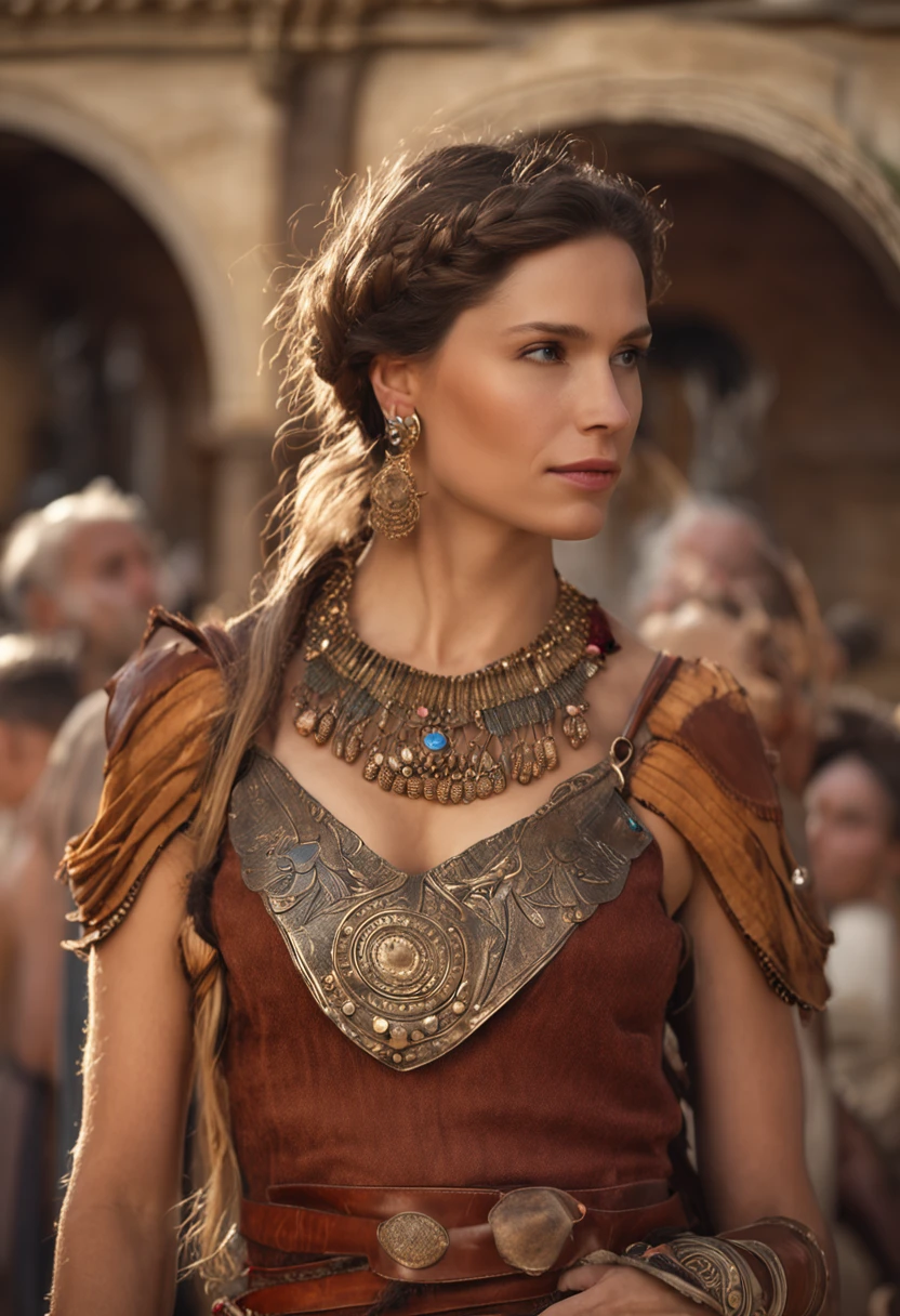 (Best quality, 8k, masterpiece: 1.3), Greek goddess, blonde, ultrarealistic photo, taken with sony A7iii camera, 24mm focal length, detailed skin, real skin, pores, Greek clothes, breast highly uncovered, Middle Ages, medium breasts, big hips, slim waist, beautiful, glamorous, alluring, shapely, curvy, long legs, high detail, High sharpness, Photos with depth, detailed face, detailed eyes, short hair, big office, charming smile, standing in the ancient Roman colosseum, epic, myth, drama, neckband jewelry, wristband jewelry, unbuttoned blouse, exposed cleavage