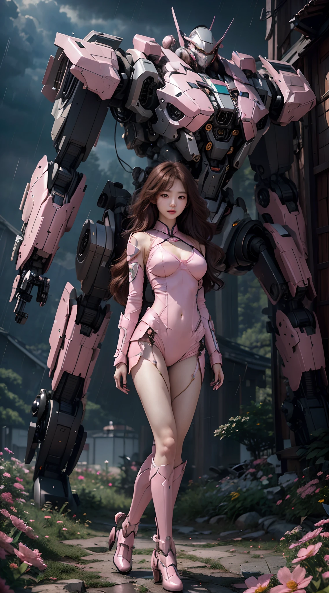shitu-mecha,
( pureerosface_v1:0.5),mustee,Korean Doll,
Realistic photography,High quality,8k resolution,real photos,(((A mech girl with long hair,brown hair,medium breasts, )),chinese girl, tight fitting, navel),The ground is covered with flowers,shitu-mecha behind the girl,Magnificent and spectacular,full body,mysterious,photo by Brandon Woelfelmist,surreal dream,gray atmosphere,rainy day,dynamic,lut,hdrmprofessional lighting,photon mapping,radiosity,physically-based rendering,delicate realism,araydynamic and expressive animations,
(Pink Style:1.3),