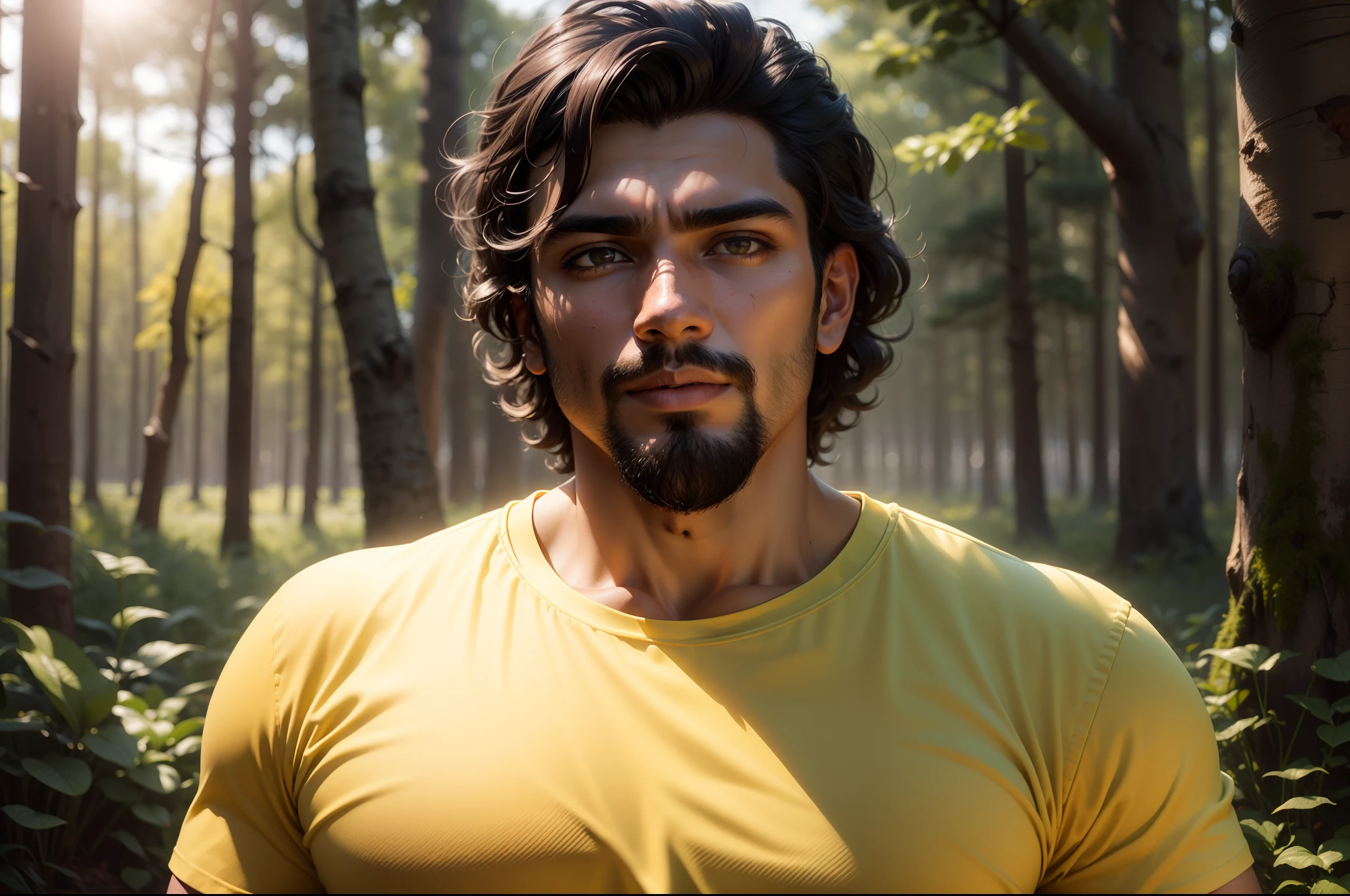 there is a man with a beard and a yellow shirt, in front of a forest background, jayison devadas, mid shot portrait, shot with sigma f/ 4.2, shot with sigma f / 4. 2, taken with sony alpha 9, black curly beard, shot on sony a 7, riyahd cassiem, by Max Dauthendey