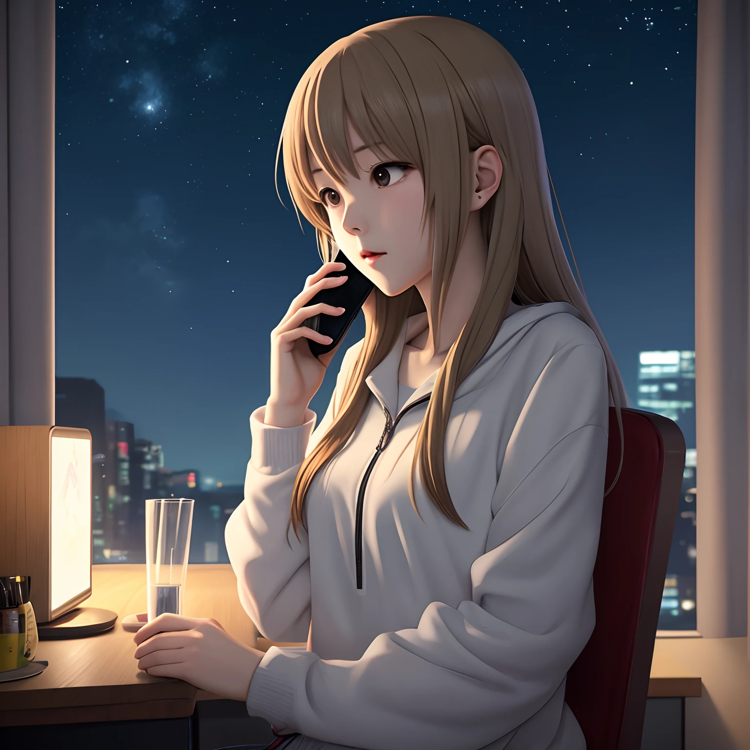 anime, one girl, on the phone, night time