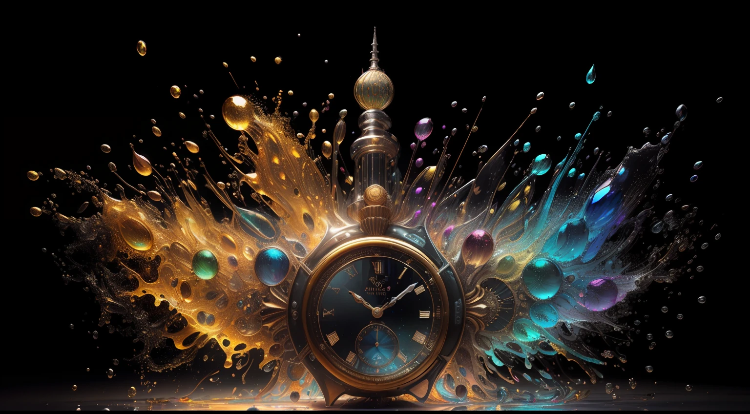 (( interior de un reloj antiguo, engranajes, balancines, ruedas dentadas, de metal dorado mate, con patina, )) ,( en el fondo de la imagen y adheridas al mecanismo del reloj y a su alrededor y en el fondo hay salpicaduras multicolores y gotas congeladas multicolores , tornados de gotas multicolores, brillos tornasolados todos en el estilo del arte de Alberto Severo, bring liquid droplets to life in a symphony of textures and colors) , digital photography ,cinematic lighting gran acercamiento ,Trabajo hiperrealista, efectos 3D, Ultra HD, obra de arte magistral ,16k Arte digital 4K altamente detallado, Pintura digital intrincada, Arte digital detallado 4K,Esta cautivadora pantalla, skillfully crafted with the animation capabilities of Cinema 4D,. The final composition, Enriched with gamma correction and tone mapping techniques,