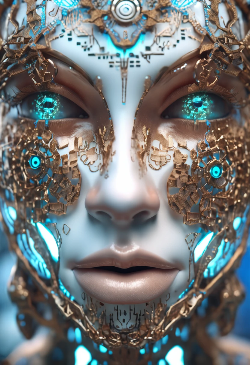 Beautiful young woman with intricate Art Nouveau design carved on her porcelain doll-like body. Embedded light-emitting cybernetic circuitry, Vibrant, realistic eyes looking at the camera. 50 millimeters, High contrast, Clean,vibrant, high resolution, Front and section views, Close up, 4K, 3d octane render, Cinematic lighting, Dynamic, Ray tracing,