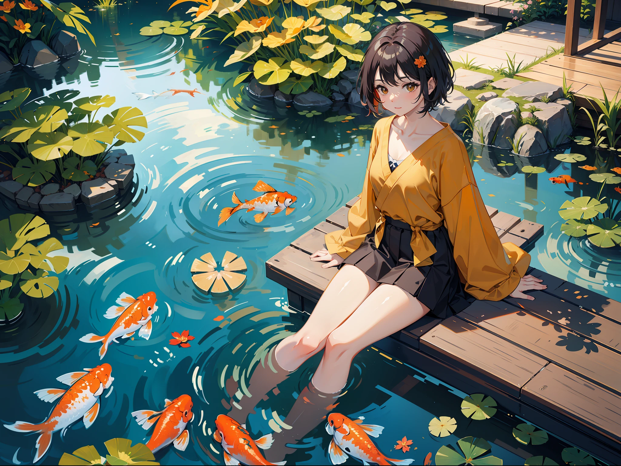 realistic, masterpiece, high detail, golden ratio, half submerged vies, ahlf water, half out of water, Gold Ogon Koi submerged in a clear pond with a rocky ground and moss on surrounding stones, tiny waves, leaves on the watersurface, autumn setting, autumn leaves, marple trees, clear sky, sunrays, sunbeams, insects flying around such as dragonflies, fireflies and butterflies, magical and calm atmosphere, warm lighting --auto