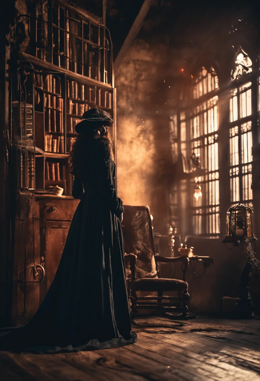 A beautiful witch woman looks forward in a dark horror room with a black cat and an old book of fear