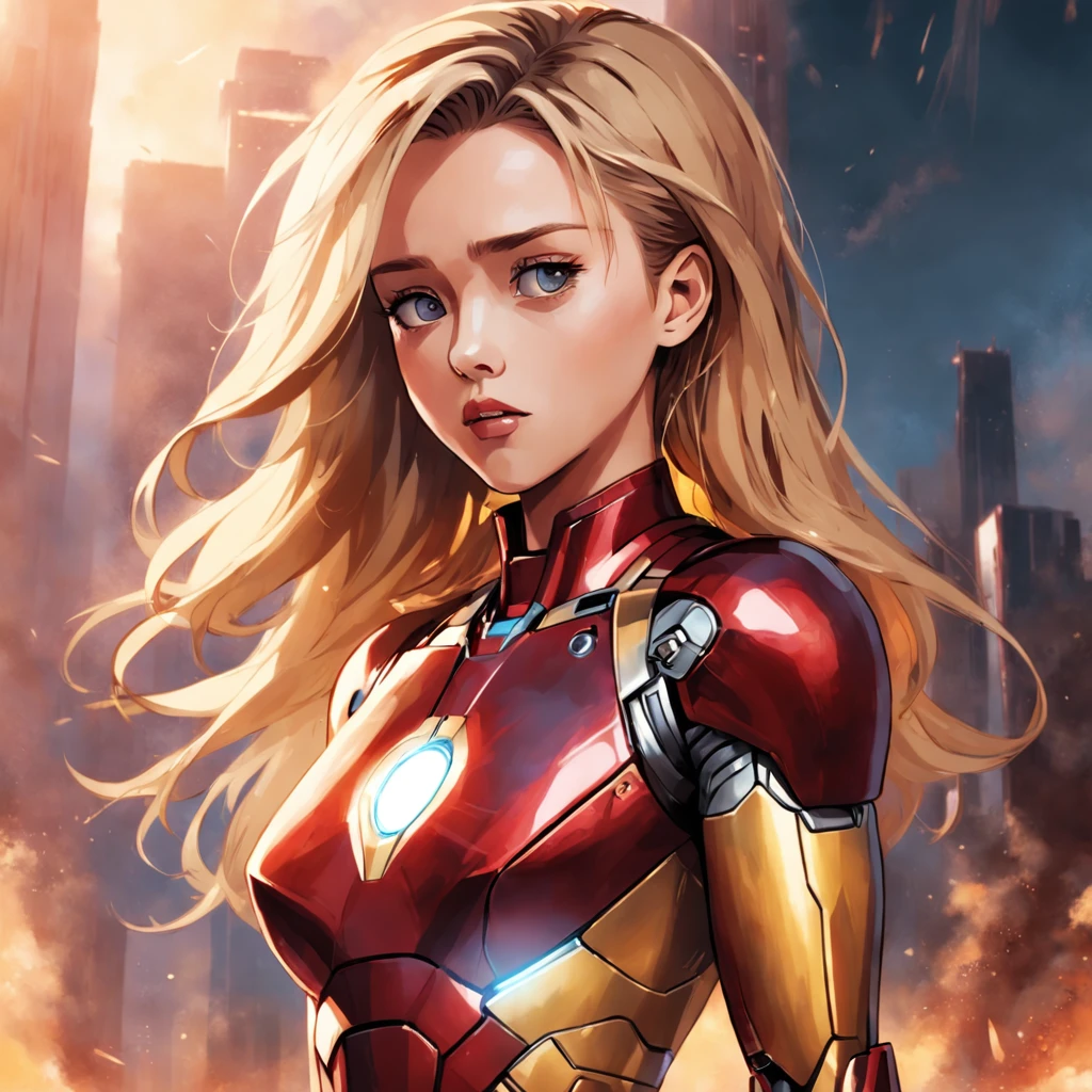 A captivating analog style raw portrait of a model (Jessica Alba or Amber Heard) as Ironman wearing an elegant and stylish Calvin Klein designed costume made of flimsy nylon.