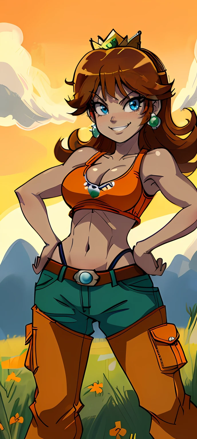 [daisy_sm], [Princess_Daisy], ((masterpiece)), ((solo portrait)), ((front view)), ((High definition)), ((anime)), ((beautiful art)), ((detailed shading)), {bowsette; (tanned skin, cute blue eyes, short brown hair, (small boobs), (cleavage), (smug smile), (short eye lashes), (white teeth), (beautiful abs), (defined arm muscles)}, {(orange tank top), (green cargo pants), (thong straps on hips), (orange sneakers)}, {(standing), (looking at viewer), (hands on hips)}, [Background; (grass plans), (orange sky), (bright sun)]
