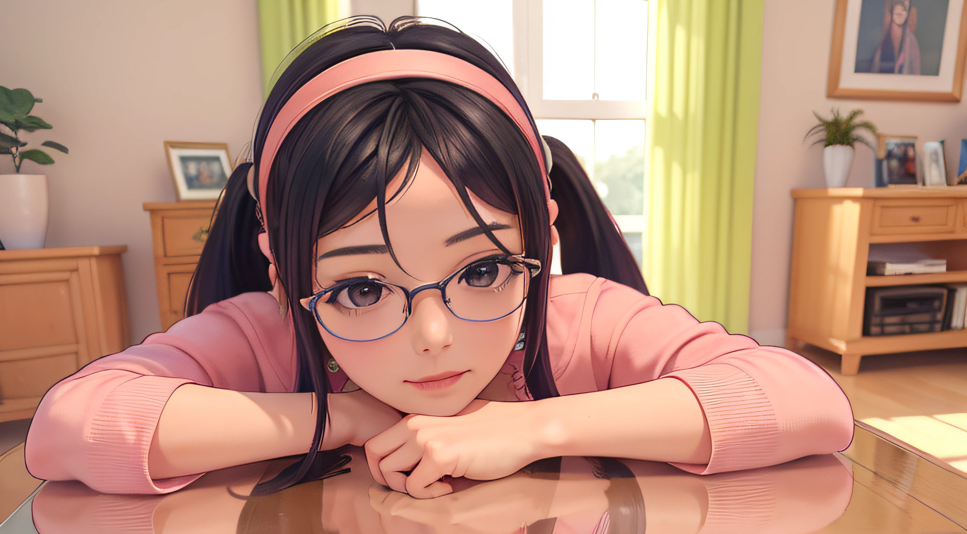 photo realism, 4k, aesthetics, Realistic girl, handsome girl, tmasterpiece, Perfect Quality, beste-Qualit, beatiful face, cute anime girl in reality, Realistic anime girl, in a room with pink wallpaper and pink style, There is good furniture, bed, armchair, pigtails, hanging down, She has a pink hoop on her head and two hairpins on her bangs, Glasses in a beautiful pale pink frame, Mita from the game MiSide, Cute looking at the camera, Milo ulыbaetsya, Three-quarter photo, well-traced skin, high-quality clothing, beautiful detailed hair, Photorealistic hair, ruddy face, Beautiful super-quality face, Unlubricated face, beatiful face, Beautiful head, Korean appearance, idol, 3D девушка, 3D реализм, ((beste-Qualit, 8k, tmasterpiece: 1.3)), Sharp focus: 1.2, beautiful woman with perfect figure: 1.4, Slim abs: 1.2, ((, big breastes: 1.2)), Highly Detailed Facial and Skin Texture, A detailed eye, 二重まぶた, MiSide Mita, pink hoop, pink hoop on his head, Two pink hairpins in her hair, (red glasses), blue hair, HALL, Against the background of a bookcase, TV and shelves with photos on the wall, window, Sakura outside the window, Japanese street outside the window, Duties in the center, The Bigger Picture, ((((lying on the table)))), Sakura on the background, Sakura on TV, blurred background, endearing smile, smiling eyes