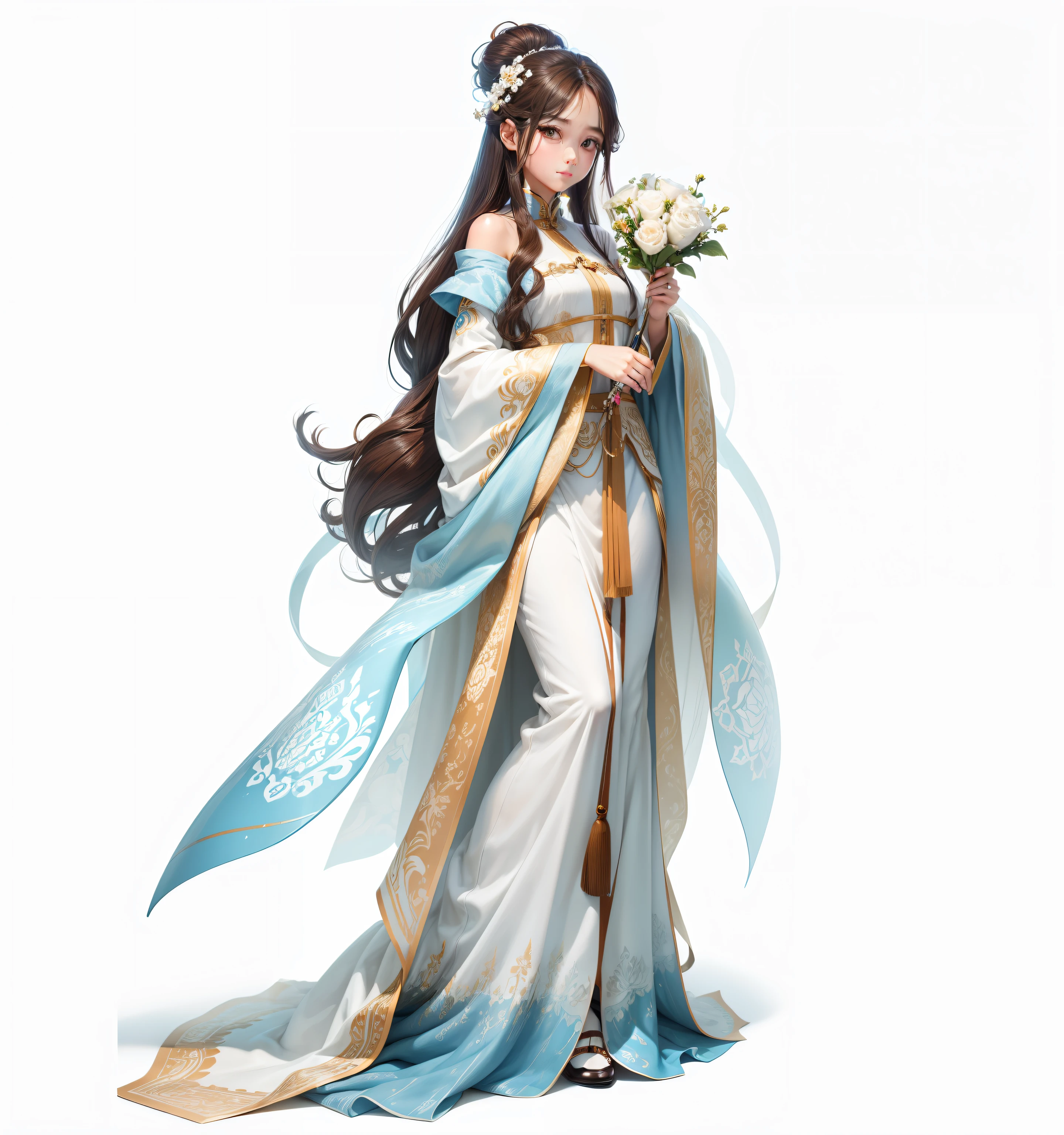The elegant eyes are as pure as water,small, The straight nose is eye-catching;The mouth is as small as a cherry。The long brown hair resembles a brown waterfall