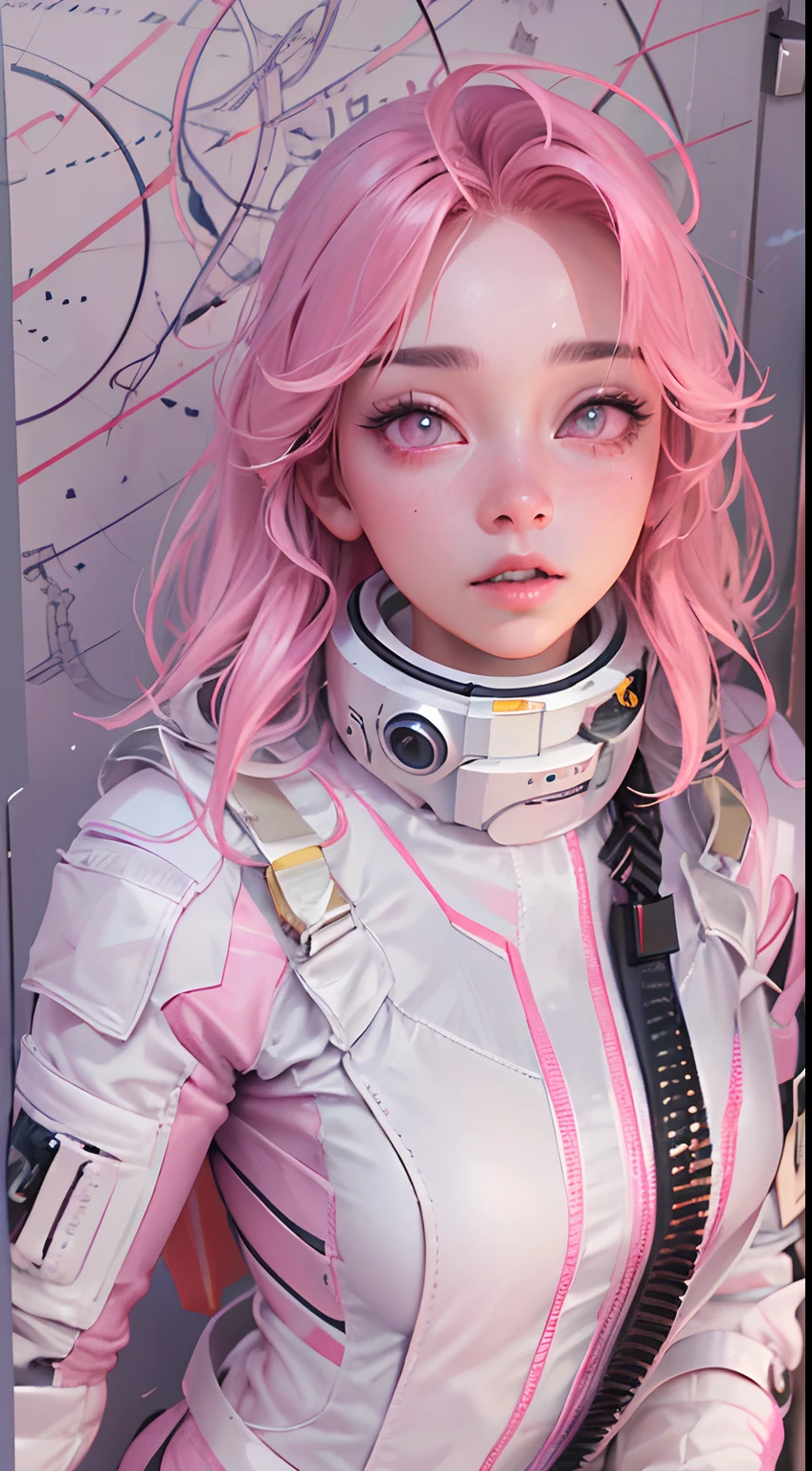 (tmasterpiece:1.3),(best qualtiy:1.3),3D,8K,.1girll,独奏,Pink hair,Pink eyes,shelmet,full bodyesbian,Spacesuit,tightsuit,mitts,standing on your feet,Q version