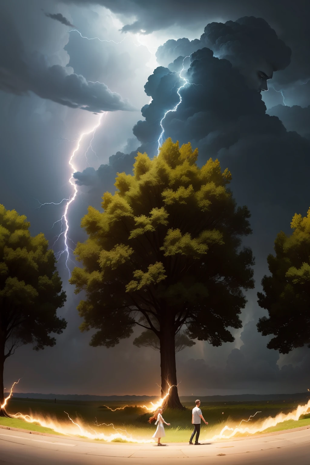 Generate a picture of 2 people being struck by lightning under a tree，Panorama Figures，Caricature drawing