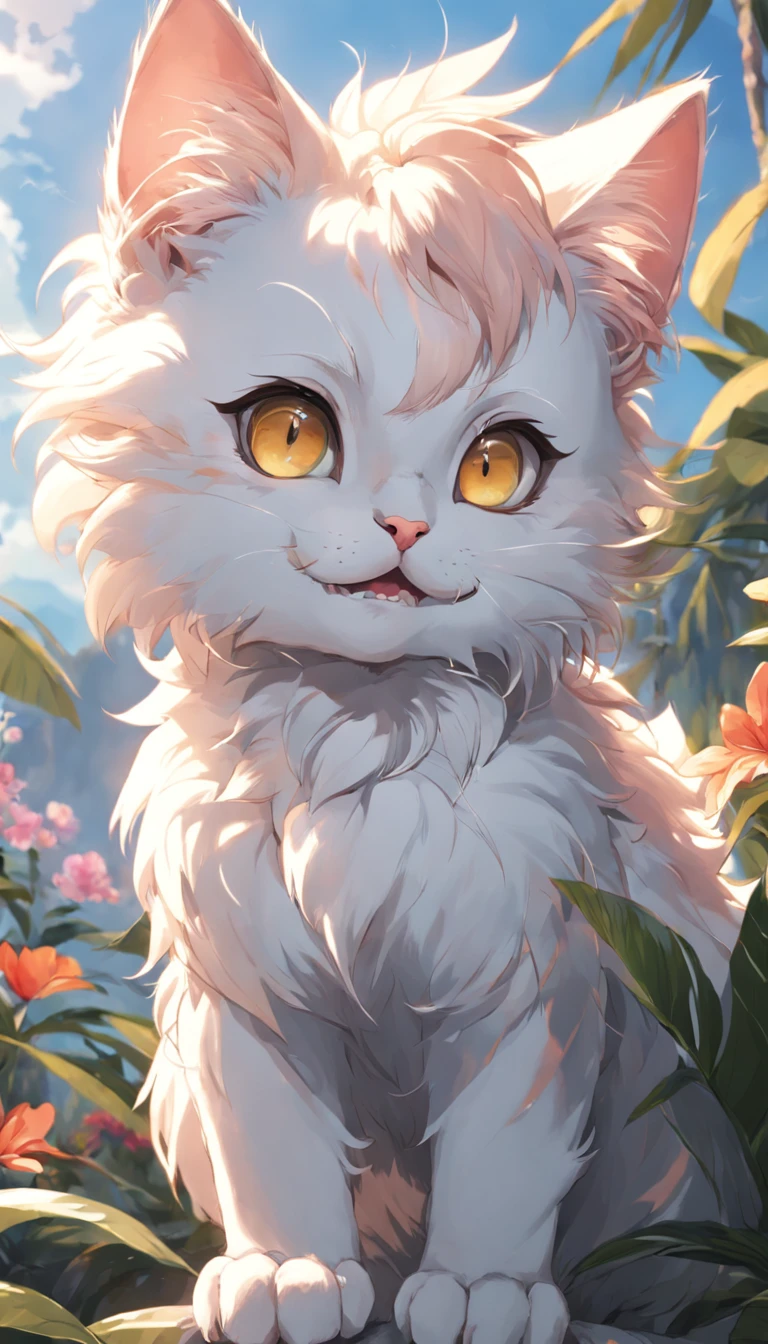Very cute furry white tropical punk kitten,largeeyes,fresh flowers,Flowers,full bodyesbian,Open-mouthed,laughingly,Professional light,depth of fields,8K,Golden Magic Hour,professional photoshooting,rendering by octane,best qualtiy,tmasterpiece,Vista perspective