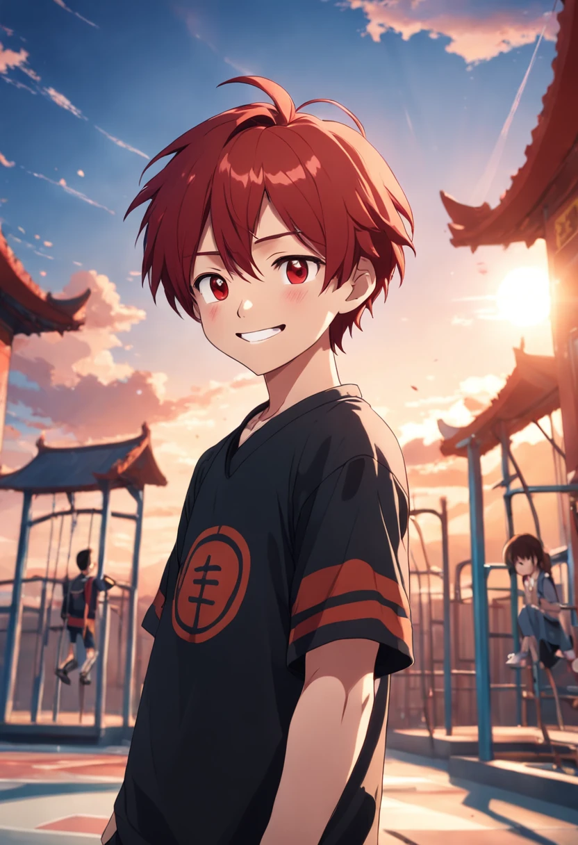boy red hair china school playground background handsome black short sleeves smile early morning sun