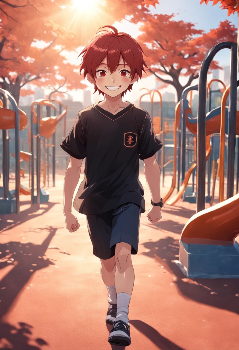 boy red hair china school playground background handsome black short sleeves smile early morning sun