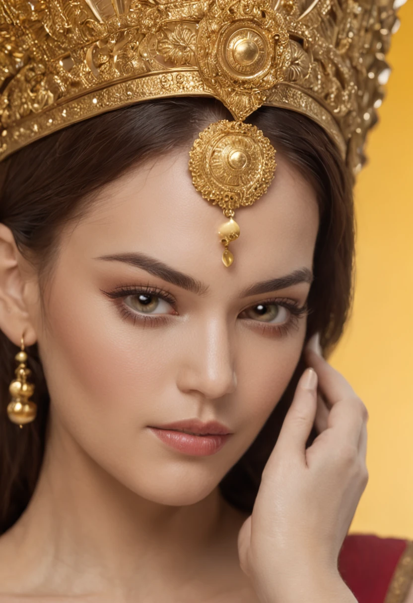 a close up of a woman's face with a yellow background, portrait of modern darna, oriental face, goddess close-up portrait, portrait of a goddess, goddess portrait, goddess art, cleopatra portrait, portrait of a beautiful goddess, 3 d goddess portrait, a stunning portrait of a goddess, portrait of a cosmic goddess, as the goddess of the sun