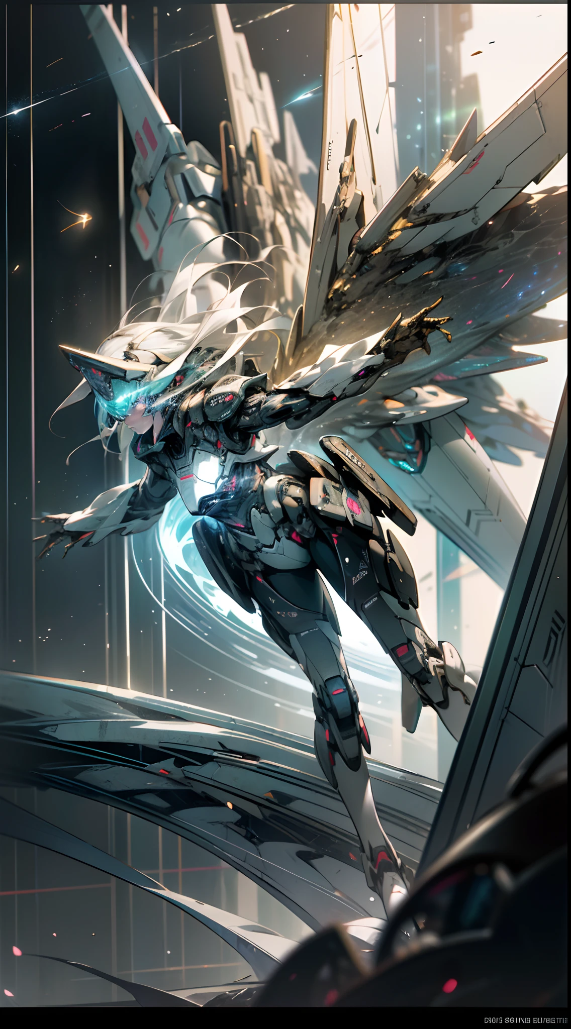 ((Best quality)), ((masterpiece)), (highly detailed:1.3), 3D, beautiful, (cyberpunk:1.2), in space, nebula, holding_weapon, (1Female mecha:1.3), facing the viewer, glowing eyes, full body, (flying, swooping down, dynamic, motion blur: 1.4), (huge mecha wings: 1.6), looking up, glowing_eyes, mecha, panorama, background is earth, nebula, space, particles, reality, HDR (High Dynamic Range), Ray Tracing, NVIDIA RTX, Super Resolution, Unreal 5, Subsurface Scattering, PBR Texturing, Post Processing, Anisotropic Filtering, Depth of Field, Maximum Clarity and Clarity, Multilayer Textures, Albedo and Specular map, Surface shading, accurate simulation of light-material interaction, perfect proportion, Octane Render, two-tone lighting, large aperture, low ISO, white balance, rule of thirds, 8K RAW, efficient sub-pixel, sub-pixel convolution,