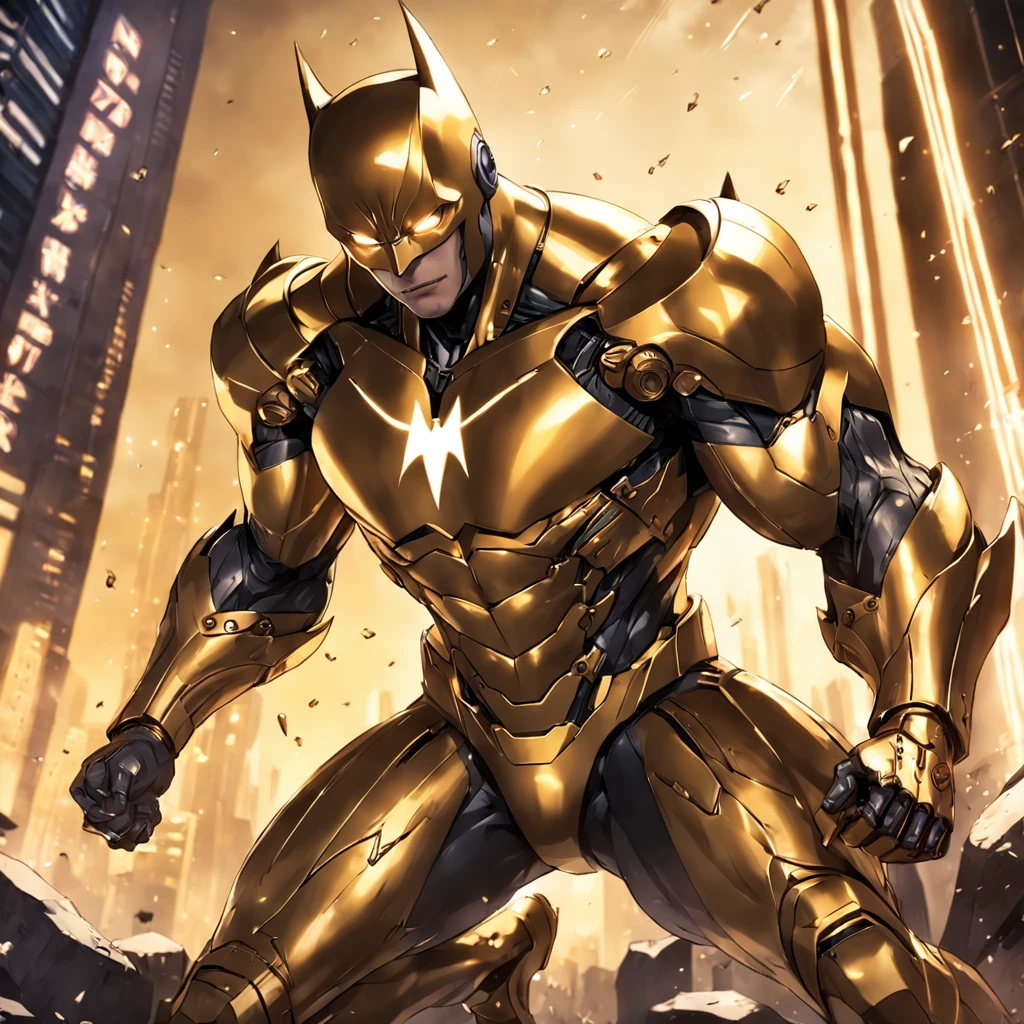 Realistic image of an advanced cybersuit in gold color, Batman from DC Comics