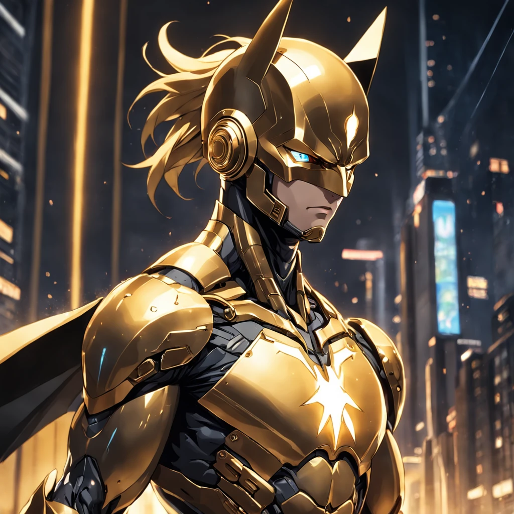 Realistic image of an advanced cybersuit in gold color, Batman from DC Comics