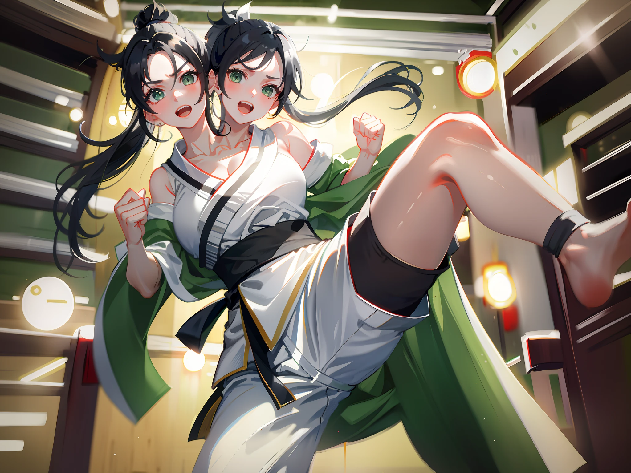 (masterpiece, best quality), best resolution, (2heads:1.5), 1girl, black hair, ponytail, green eyes, karate gi, aggressive screaming, high kick at the camera, karate kick pose, dojo