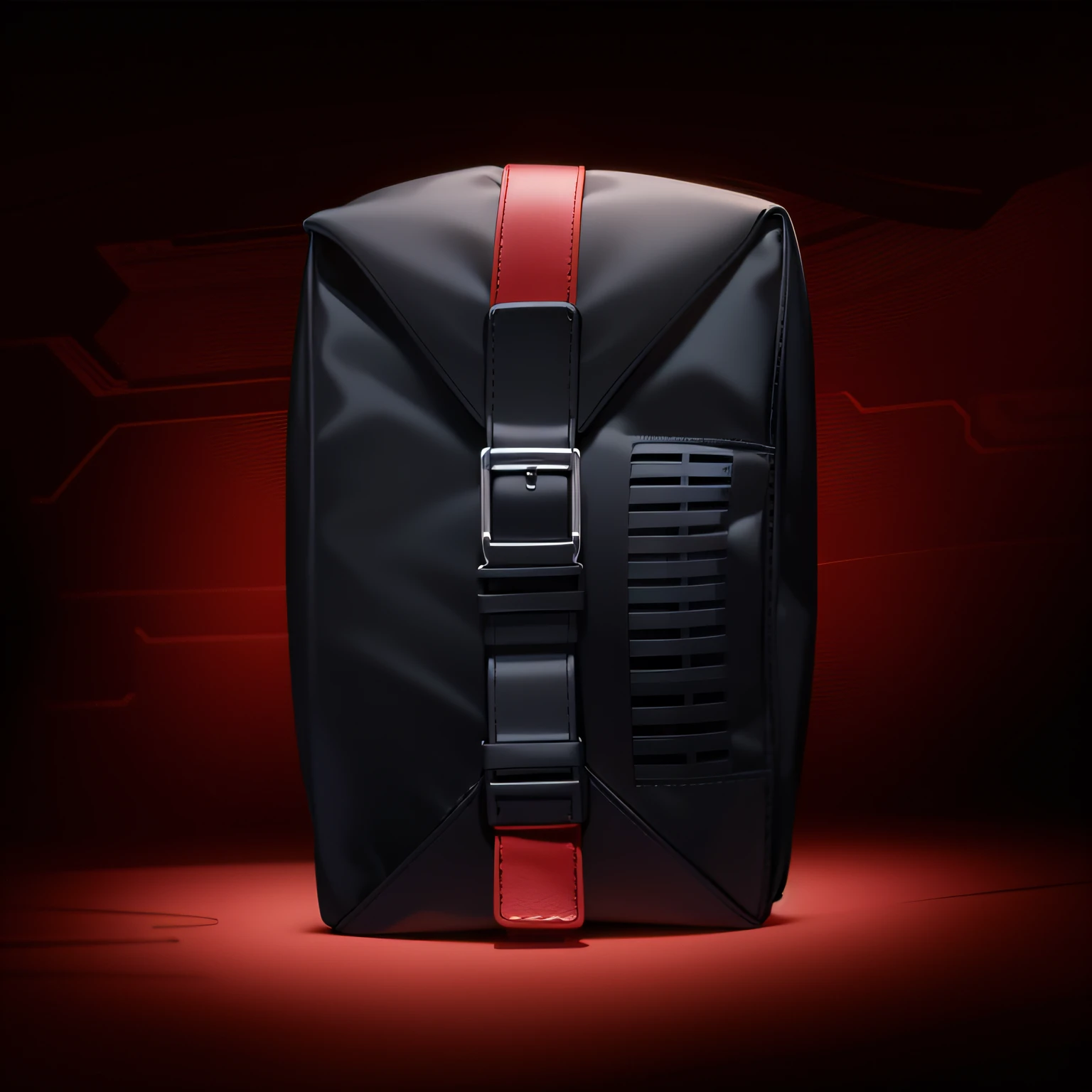 there is a red and black bag with a black and red strap, official product photo, black steel with red trim, official product image, it has a red and black paint, square backpack, full product shot, eye - level view, product photo, full front view, covering one third of the view, above view, black and red only, full subject shown in photo, dark background if a model city