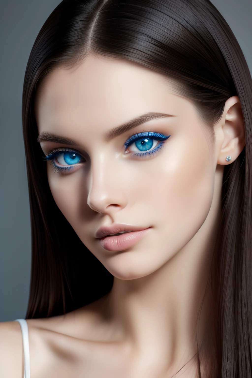 white woman with dark hair, blue eyes, big lips, cat eye look, face close up, fashion model, very beautiful face features, hyper realistic, white background, well lit, beautiful blue eyes, very distinctive, photoshoot, 8k, ultra realistic