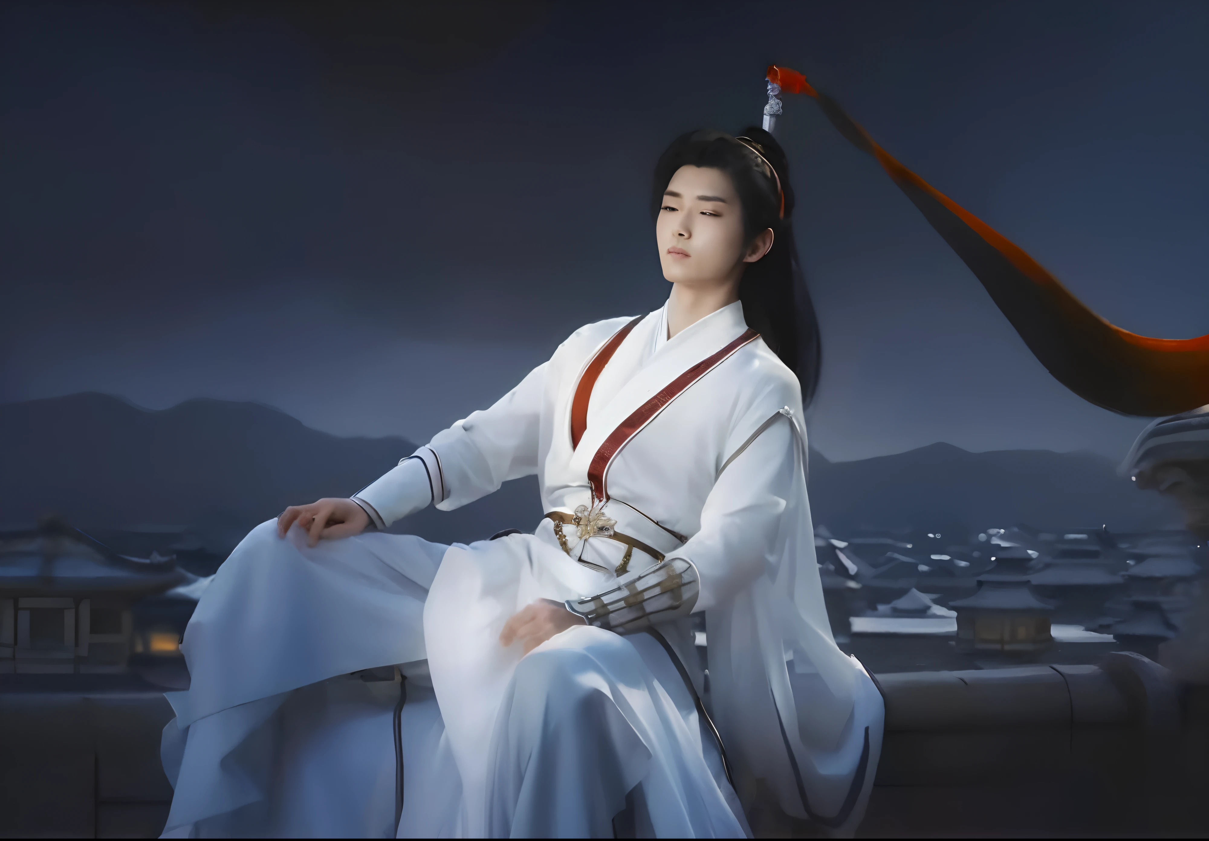 The male protagonist of a Chinese fairy tale drama in a white dress,sitting on rooftop，With his back against the fairy sword,A flowing red ribbon was tied to the hilt of the sword,, xianxia hero, Inspired by Zhao Yuan, White Hanfu, zhao yun, Inspired by Seki Dosheng, Beautiful character painting, Inspired by Cao Zhibai, inspired by Zhu Derun, queen of the sea mu yanling, Cheng Yi,Nice and handsome  brother,Clear facial features and delicate face,k hd