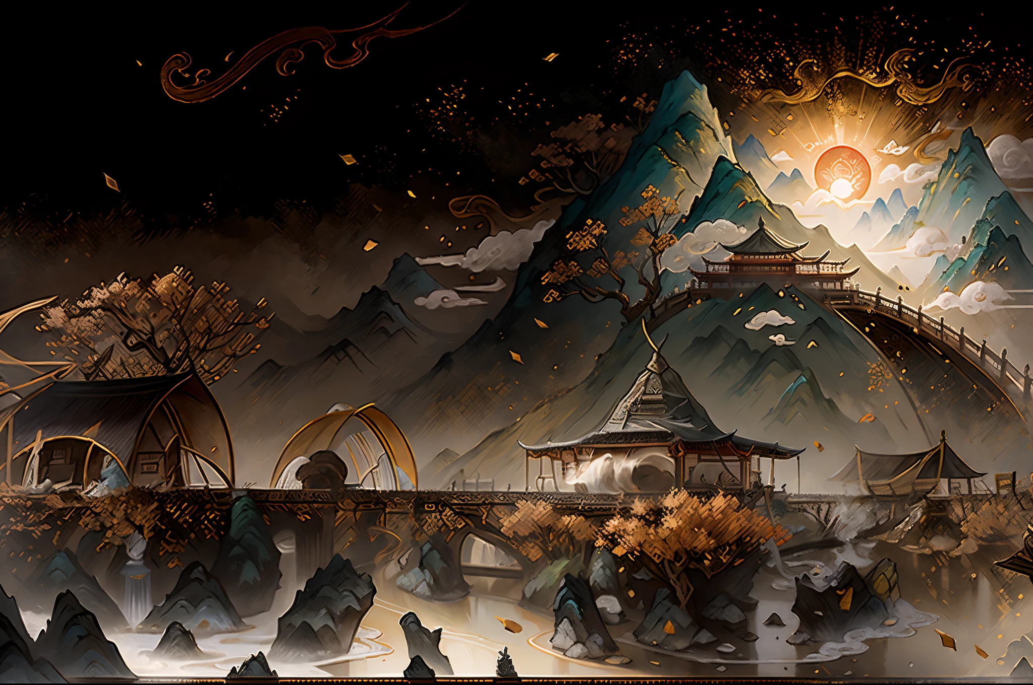An ancient Chinese painting, ancient Chinese background, mountains, rivers, auspicious clouds, pavilions, sunshine, masterpieces, super detail, epic composition, ultra HD, high quality, extremely detailed, official art, unified 8k wallpaper, Super detail, 32k -- v 6