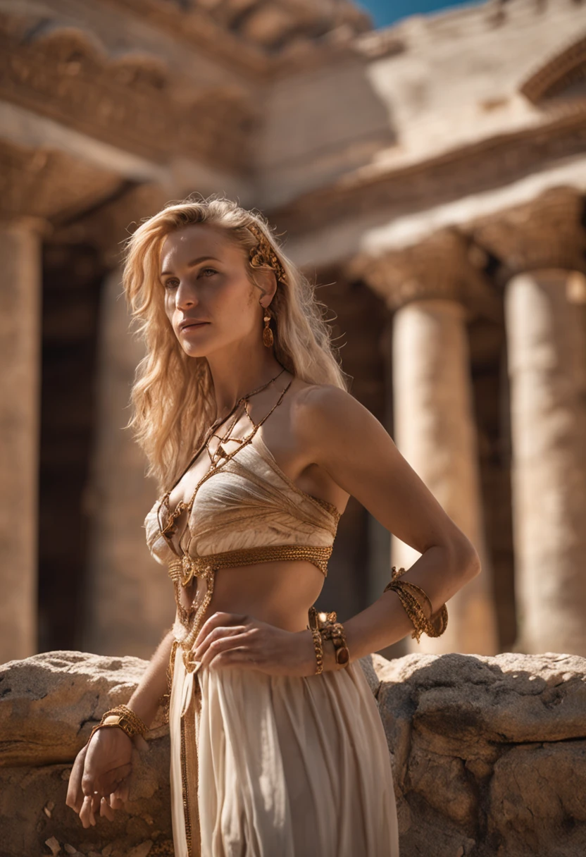 (Best quality, 8k, masterpiece: 1.3), blonde Greek goddesses, Greek clothes, Middle Ages, medium breasts, perky, breasts, nipple pocking, big hips, slim waist, beautiful, glamorous, alluring, shapely, curvy, long legs, high detail, High sharpness, Photos with depth, detailed face, detailed eyes, short hair, big office, charming smile, standing in the ancient Roman colosseum, epic, myth, drama, neckband jewelry, wristband jewelry, open-breasted blouse