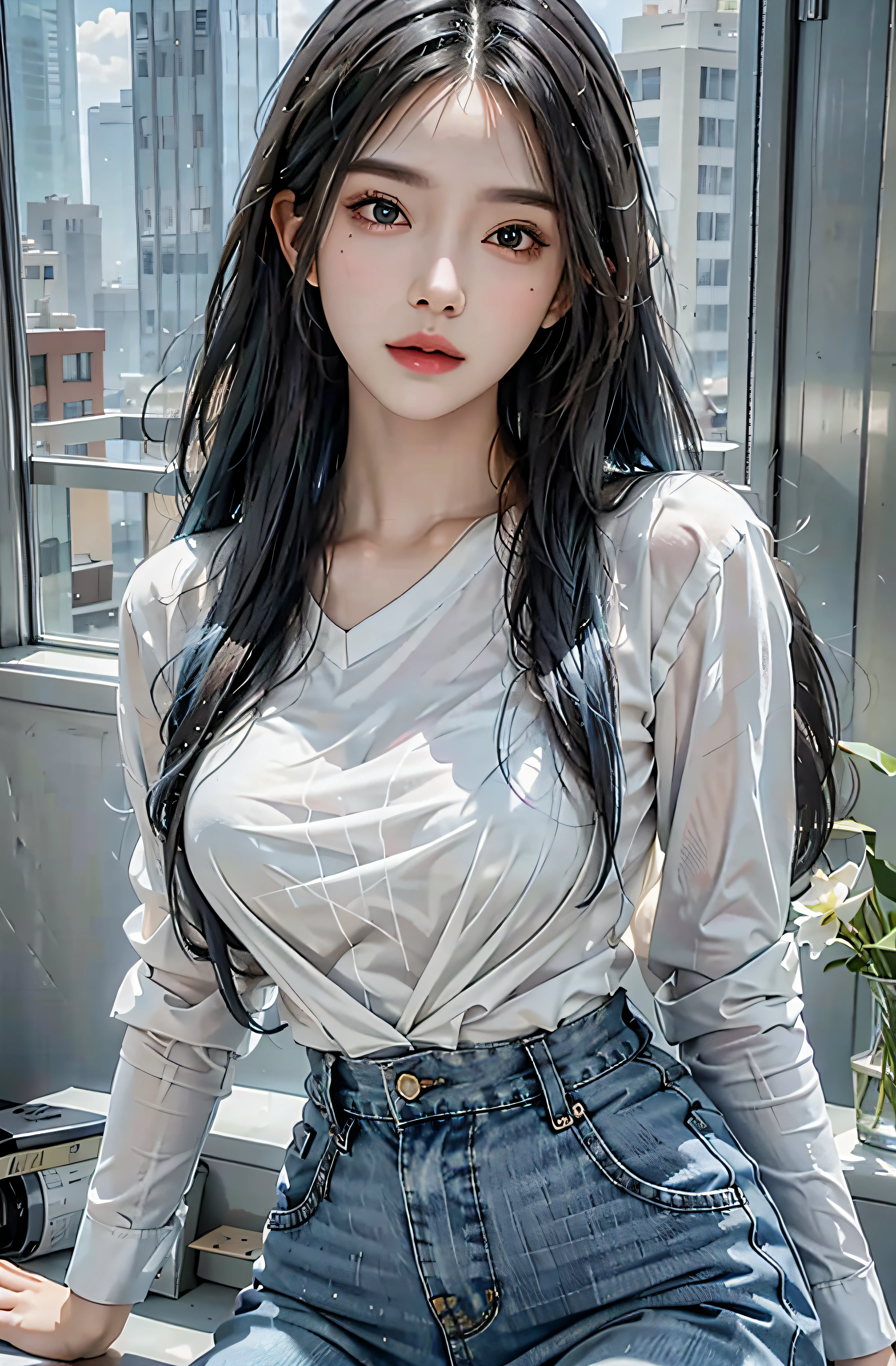 Photorealistic, high resolution, 1womanl, Solo, Hips up, view the viewer, (Detailed face), Blue hair, Long hair, Wear only a long shirt，blue-shirt