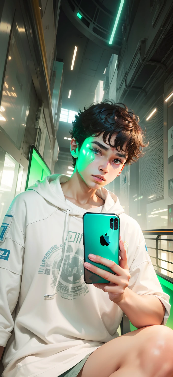 Boy With I Phone futuristic background realistic face 8K ultra high quality Hd