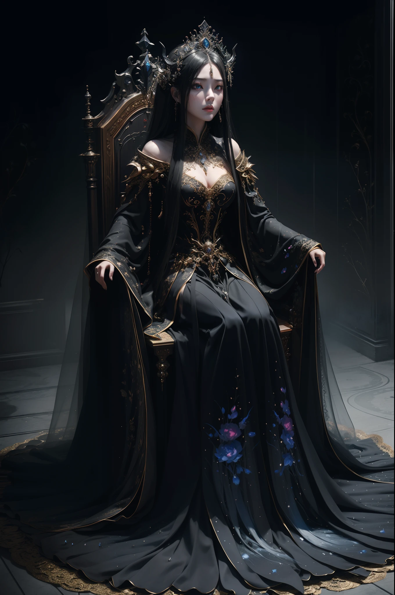 ((top-quality、masterpiece、photographrealistic:1.4、8K))、Beautuful Women、Beautiful expression、extremely detailed eye and face、beatiful detailed eyes、Princess of the Demon World、(Luxury black dress)、(Draw a princess of the demon world sitting on the throne of a castle ruled by darkness。Shadows flutter around her、Dark magic surrounds the throne。Her eyes are sharp、Shows strength。)、Cinematic lighting、Textured skin、Super Detail、high detailing、High quality、hight resolution、Full body、